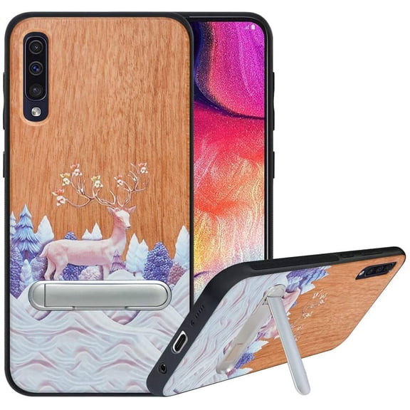Labanema Samsung Galaxy A50 2019 Case, Samsung Galaxy A50 2019 Cover with Metal Kickstand, Natural Wood TPU Cover, Anti Scratch Case for Samsung Galaxy A50 2019 (Elk)