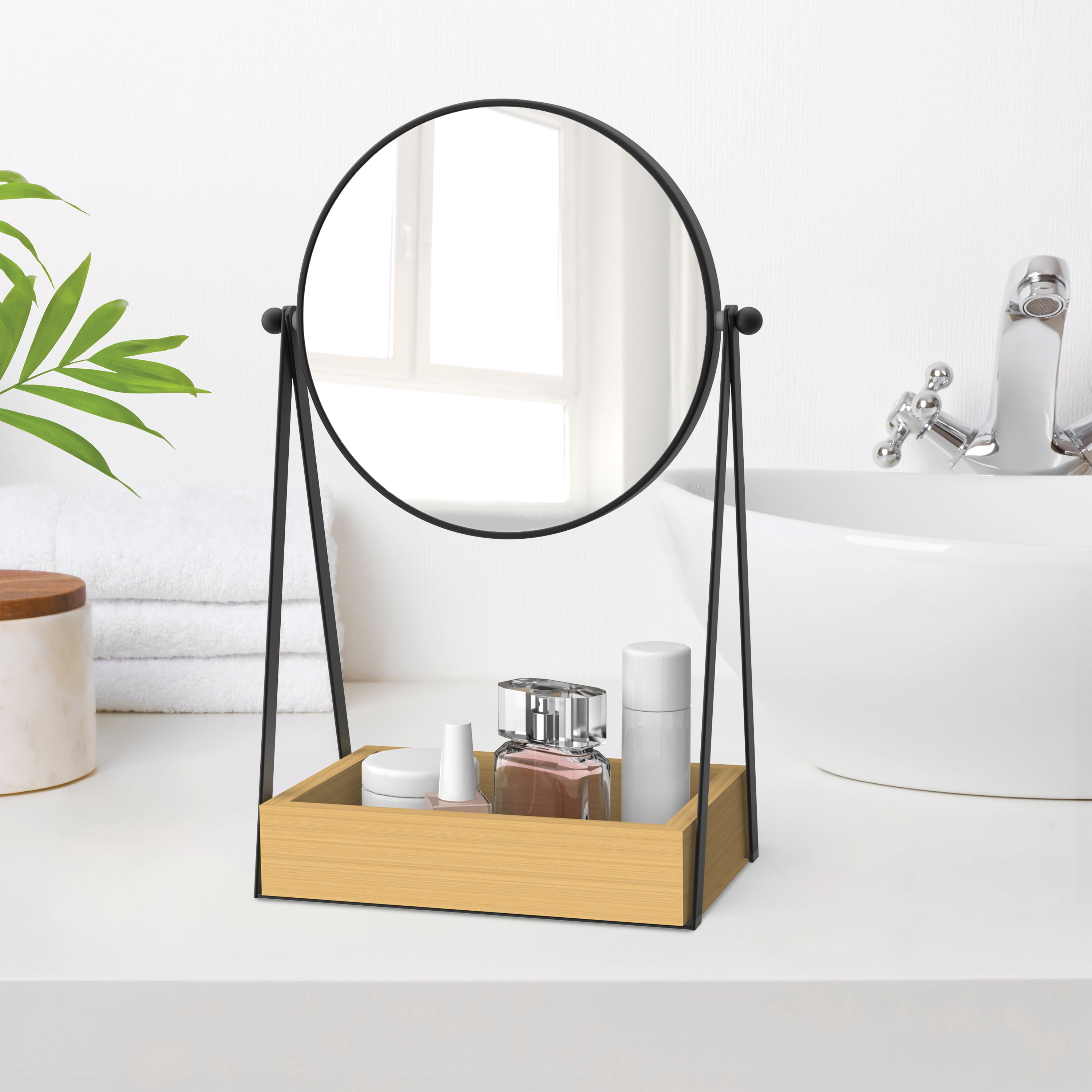 Better Homes & Gardens Vanity Mirror, 6.5in. Desk Mirror with 1X/3X Magnification and Bamboo Storage Tray