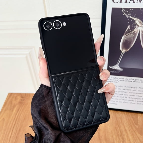 for Samsung Galaxy Z Flip 7 Case, Luxury Rhombus PU Leather Silicone Shockproof Protective Fashion Anti-Slip Buckle Lightweight Ultra Slim Anti-Scratch Phone Case Cover for Women Girls, Black