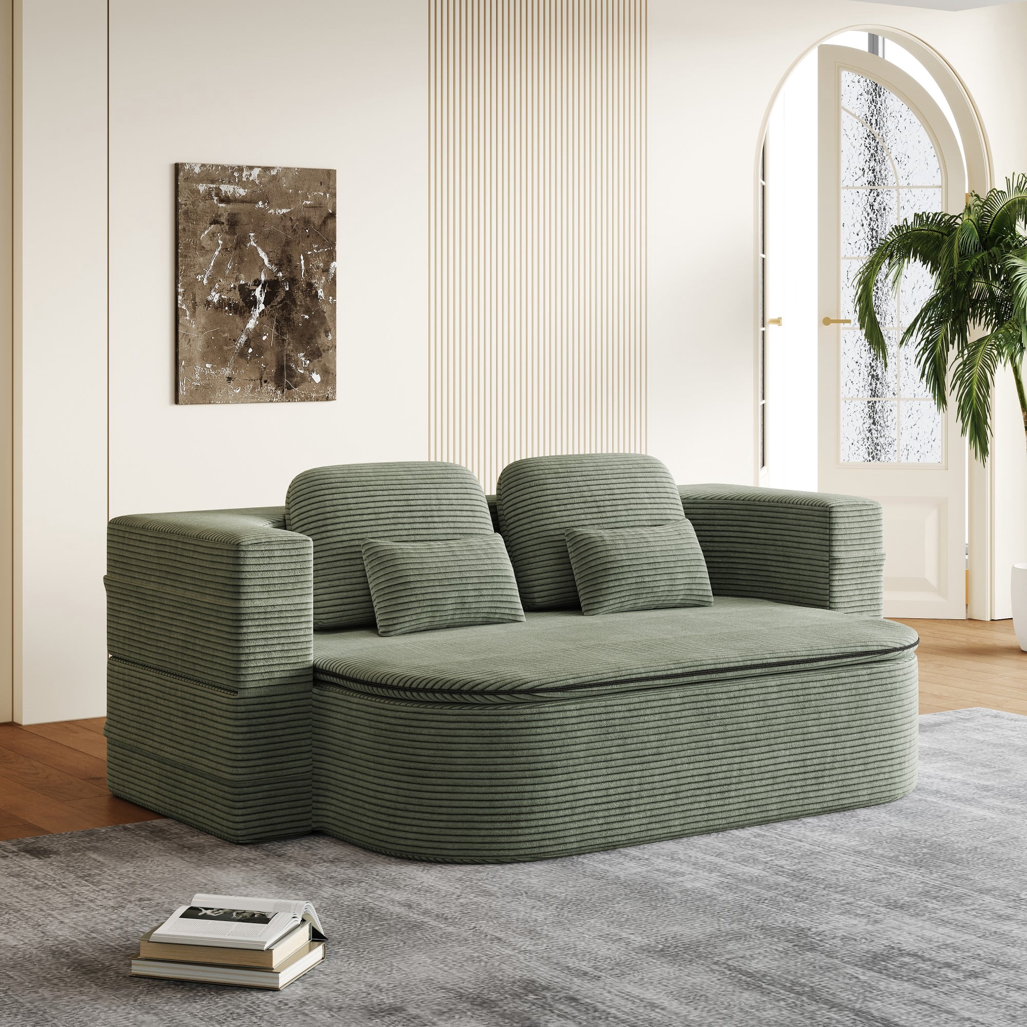 2-in-1 Convertible Sofa Bed,75'' Foldable Sleeper Sofa Bed,Corduroy Floor Folding Sofa Bed Lounge Sofa with Multi Functional Blanket for Living Room Bedroom,Green