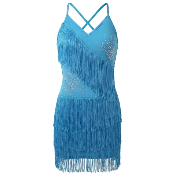 IBTOM CASTLE Floral Rhinestone Fringe Tassel Latin Dance Dress for Girls 1920s Fapper Dress Kids V Neck Cross Back Ballroom Dance Outfit 5-6 Years Sky Blue