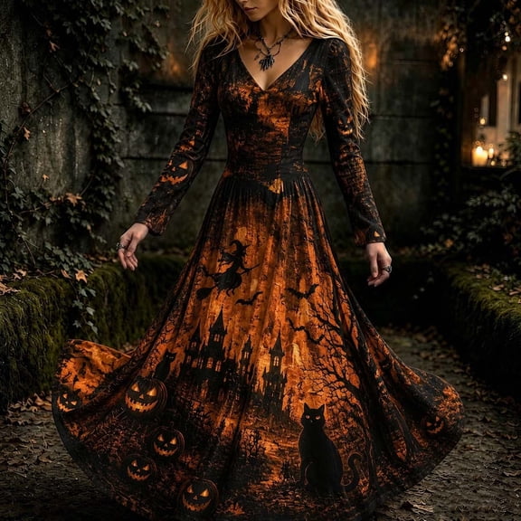 HCBY Women Halloween Dress V Neck Long Sleeve Pumpkin Print Vintage Party Swing Maxi Dress for Fall
