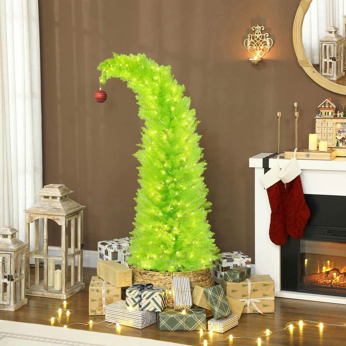 Spaco 5 ft Bent Top Whimsical Christmas Tree with 200 LED Lights, Pencil Xmas Tree with Red Ball and Metal Base for Indoor Holiday Decoration, Green