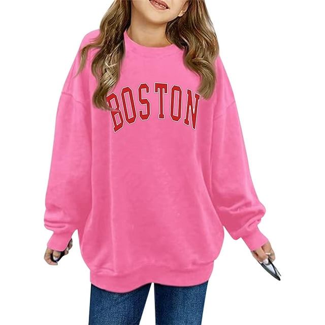 FAOWME Printed Crew Neck Long Sleeved Girls Sweatshirt Hoodie Pullover Tops Pink 6-7 Years