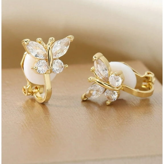 Clip on 1/2" small gold and clear stone butterfly earrings