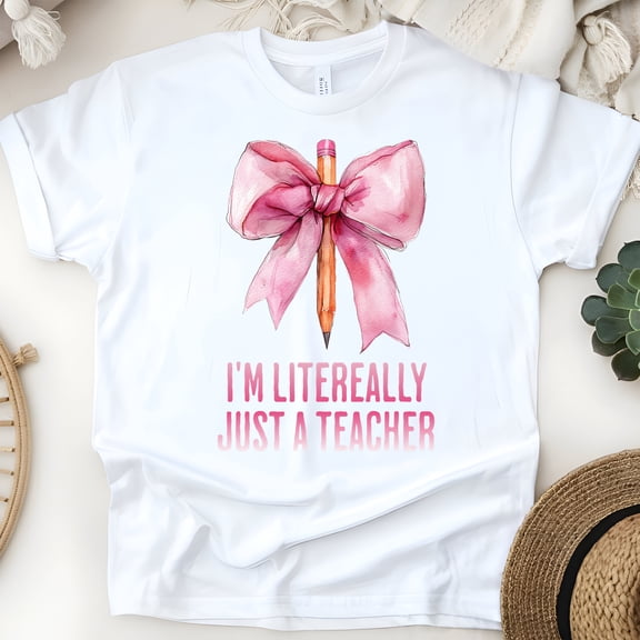 I’m Literally Just a Teacher Pink Ribbon Back to School Top, White, Size S