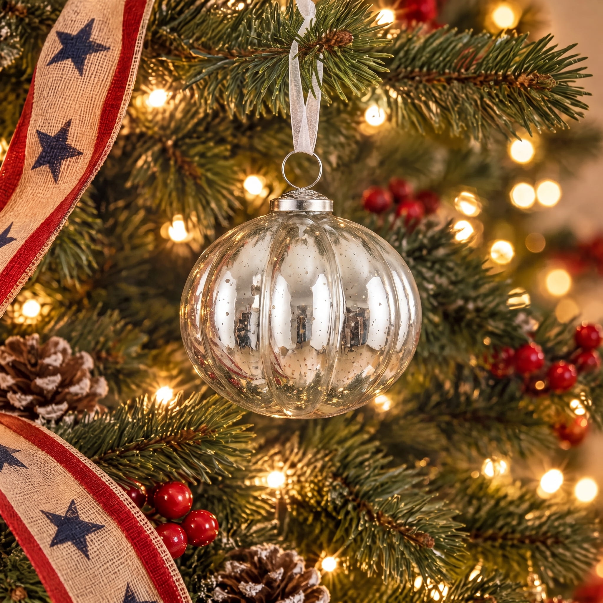 Silver Mercury-Style Glass Ribbed Christmas Ornament, 3.8", by Holiday Time