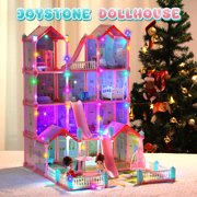 JoyStone Play Dollhouse with Doll Toy Figures, 14 Rooms Furniture and Colorful Lights, Creative Doll House Gift for Girls Ages 3+, Assemble Required, Pink