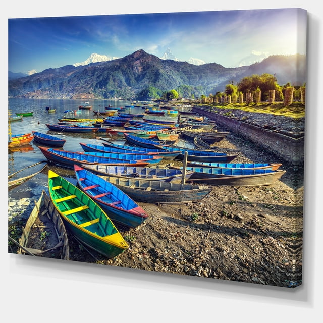 Designart - Colorful Boats in Pokhara Lake - Large Boat Canvas Art Print