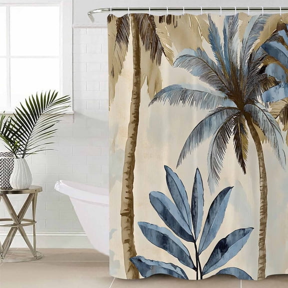 Palm Trees Waterproof Fabric Shower Curtain, Blue Brown Vintage Watercolor Tropical Shower Curtain for Bathroom Curtains Bathtubs Hotel Washable Shower Curtains with 12 Hooks Stall 48x72in