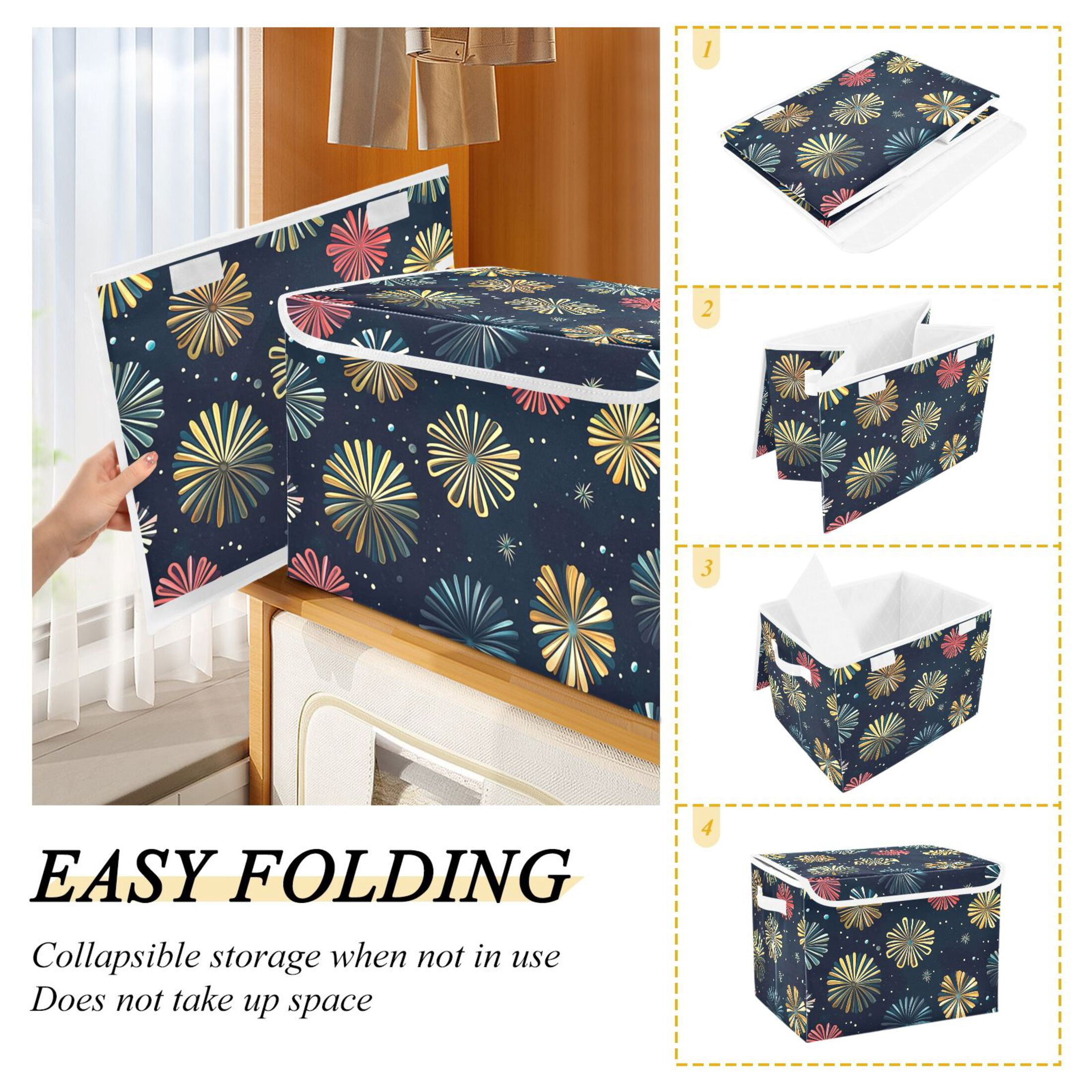 Simple Fireworks Picture Large Storage Bins with Linen Collapsible Lid Storage Box 16.7 x 12.6 x 11.8in