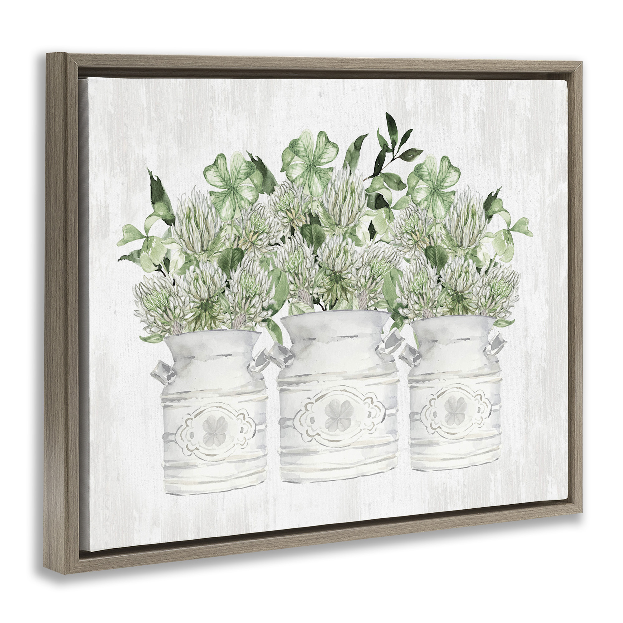 Stupell Industries Rustic Shamrock Bouquets Botanical & Floral Painting Brown Floater Framed Canvas Art Print Wall Art, 21 x 17