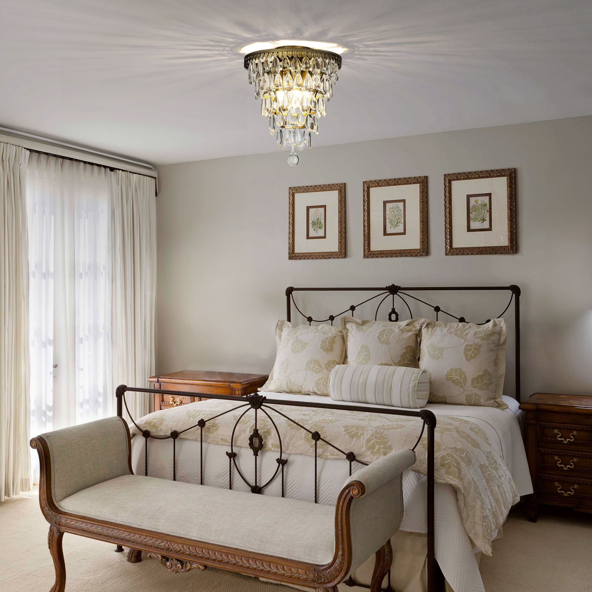 3-Lights Antique Brass Teardrop Flush mount ceiling light with clear bumpy glass