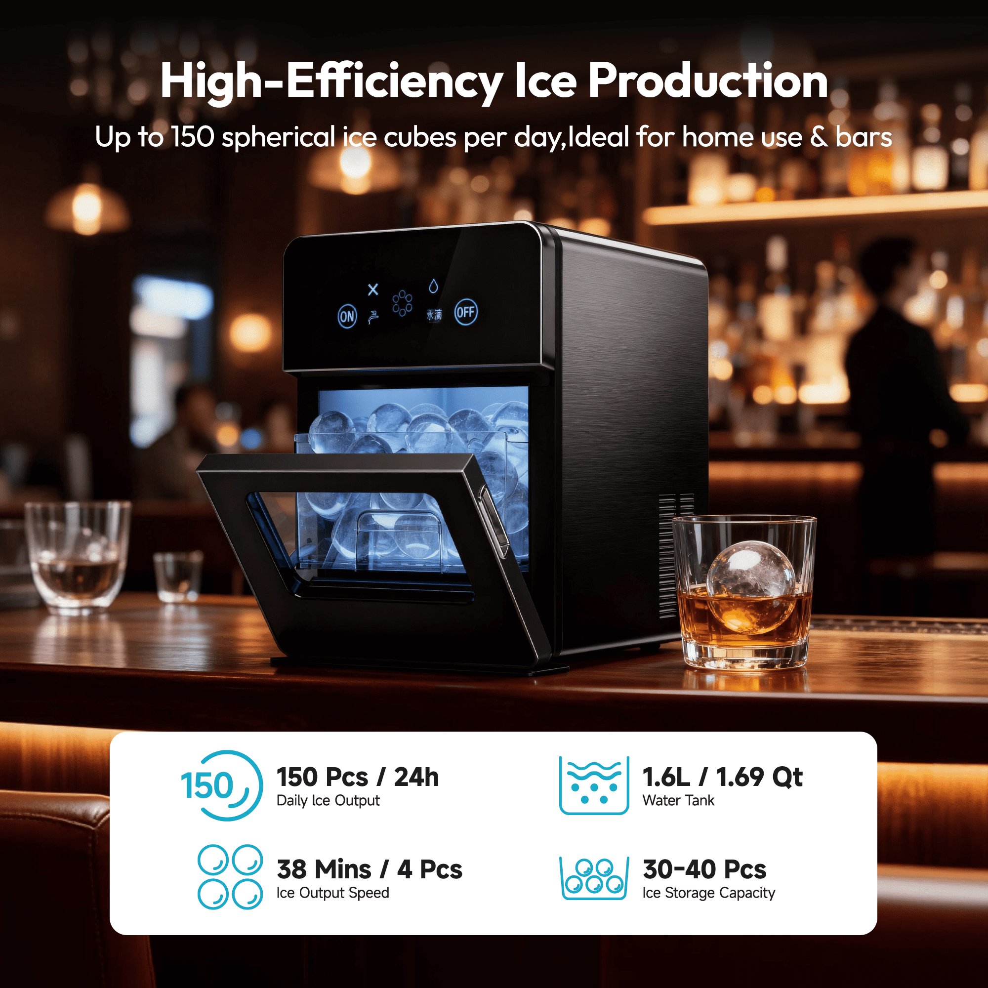 EUHOMY Commeircal Ice Ball Maker, 150 Pcs/Day, Sphere Ice Maker with Self-Cleaning for Whiskey
