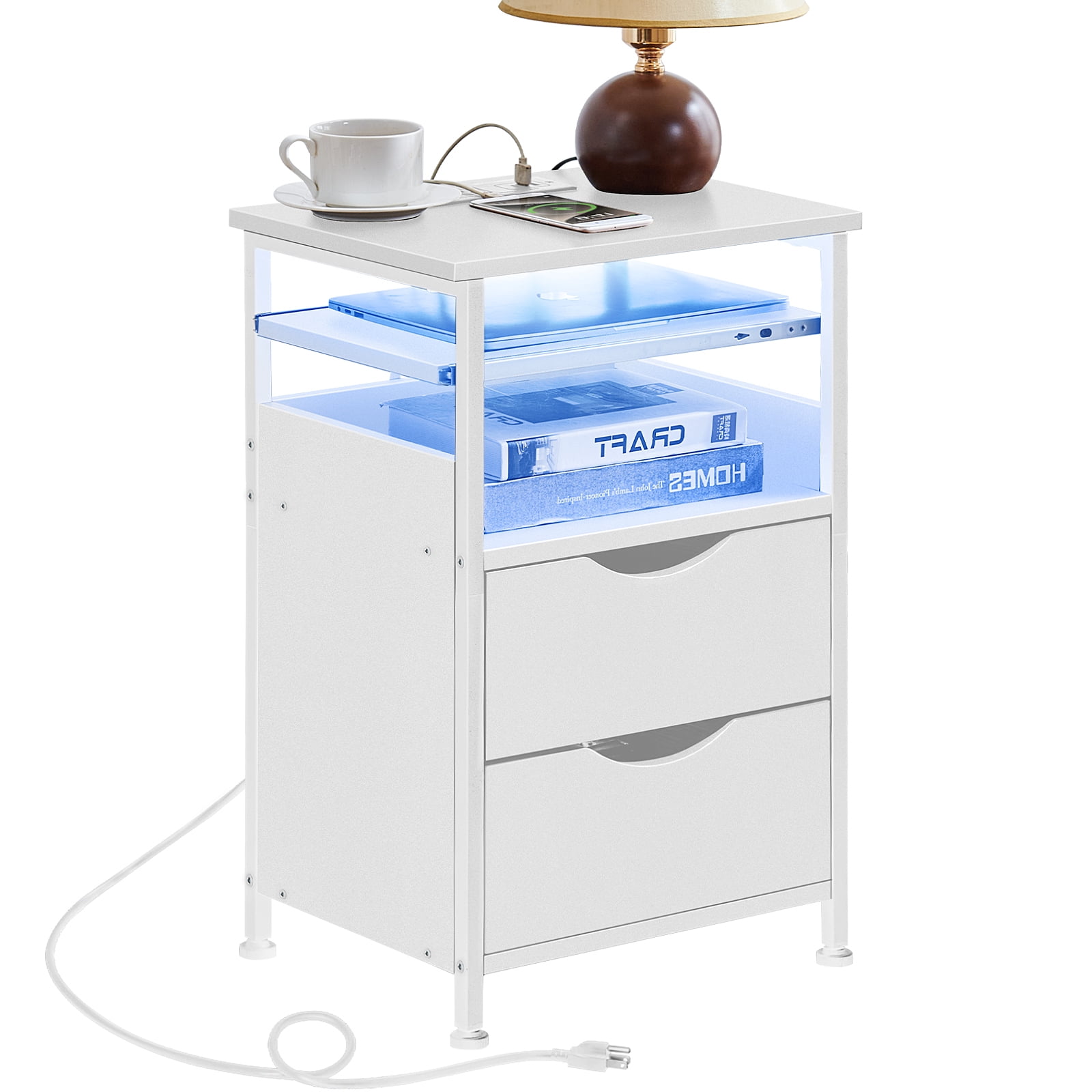 LELELINKY 5-Tier End Table with LED Light & Charging Station, Narrow Wooden Side Table with Shelf and Drawers, Bedside Table for Bedroom