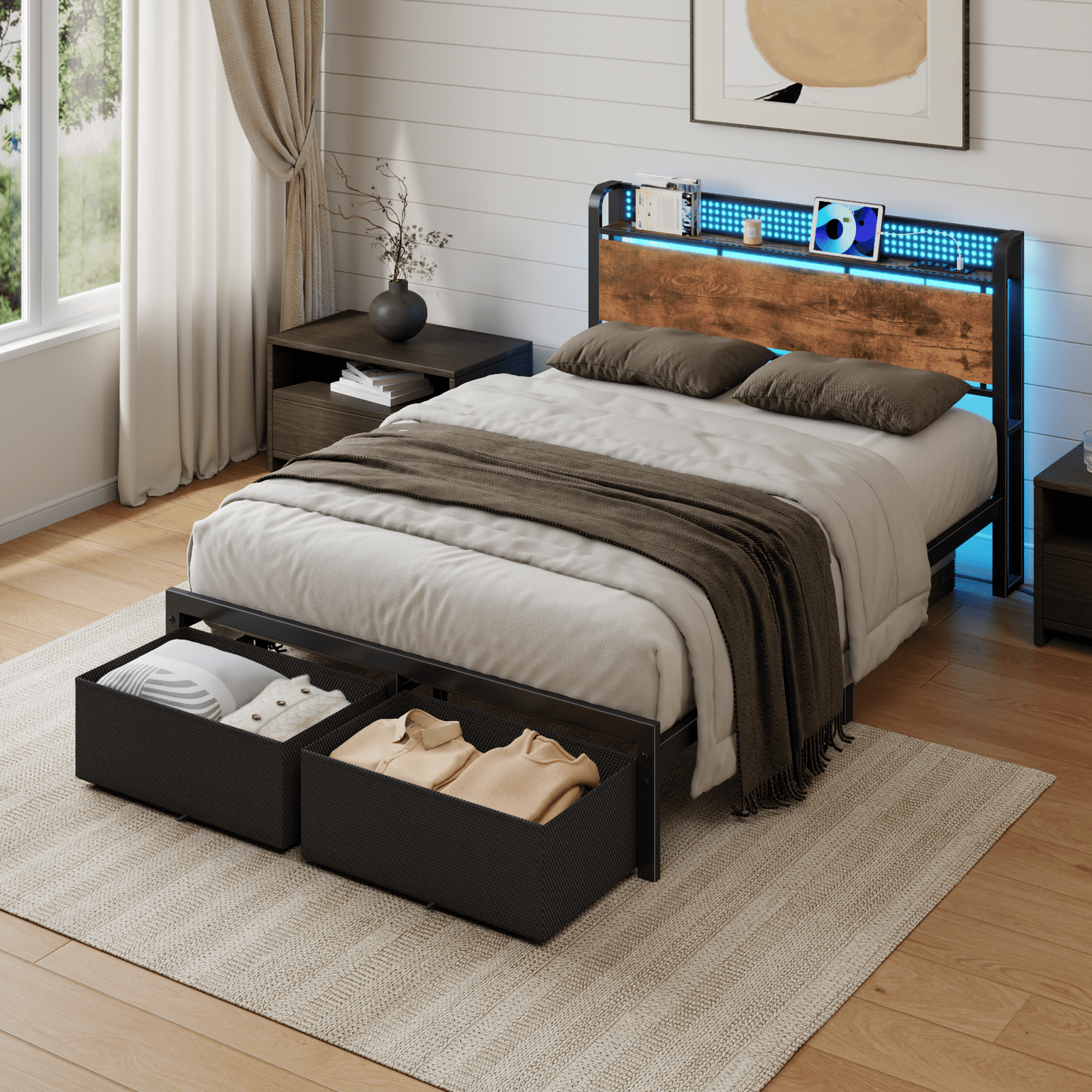 Tydimor Twin Bed Frame with 2 Drawers & Storage Headboard, Platform Metal Bed with Charging Station, No Box Spring Needed