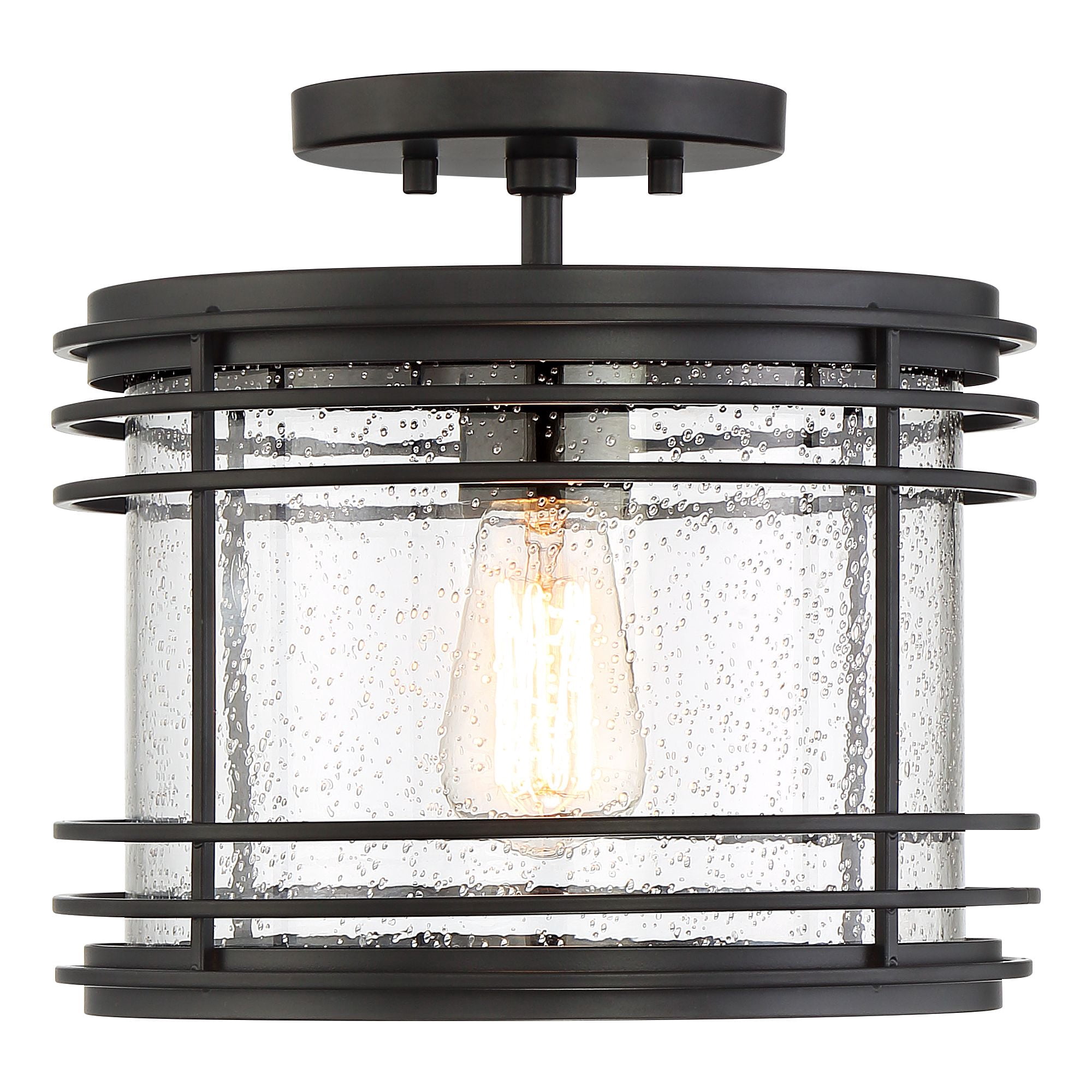 Possini Euro Design Modern Semi Flush Mount Outdoor Ceiling Light Fixture Black Geometric 11" Clear Seedy Glass for Exterior House Porch Patio Deck