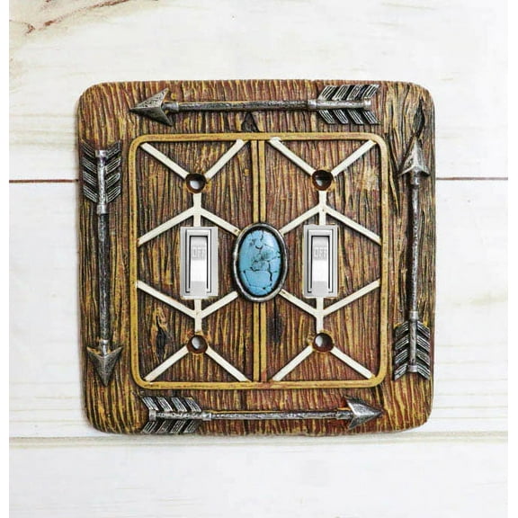 Faux Wood Turquoise 4 Arrows Wall Double Toggle Switch Plates Set Of 2