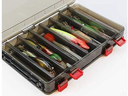 Double-Sided Fishing Lure Hook Tackle Box Visible Hard Plastic Clear Fishing Lure Bait Squid Jig Minnows Hooks Accessory Storage Case Container (Brown 14 Slots)