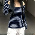 thumbnail image 2 of Tiweut Women Casual Tshirts Off the Shoulder Striped Slim Fit Long Sleeve Square Neck Sexy Lady Tees Blue, 2 of 8