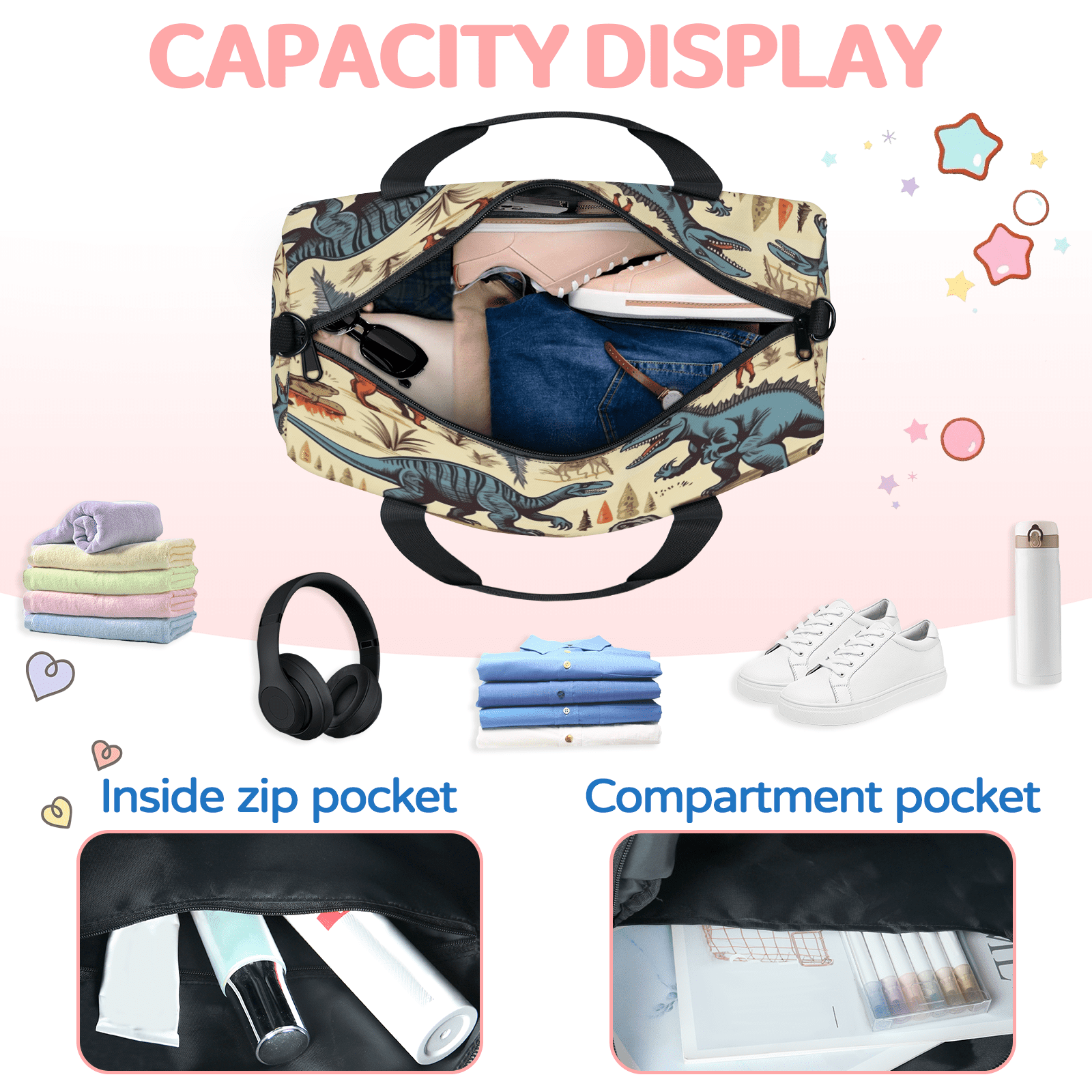 Herdesigns Dinosaur Cartoon Dino Travel Duffle Bag Sports Yoga Weekender Overnight Carry on Workout Bags Lightweight Waterproof Gym Tote Bag for Women