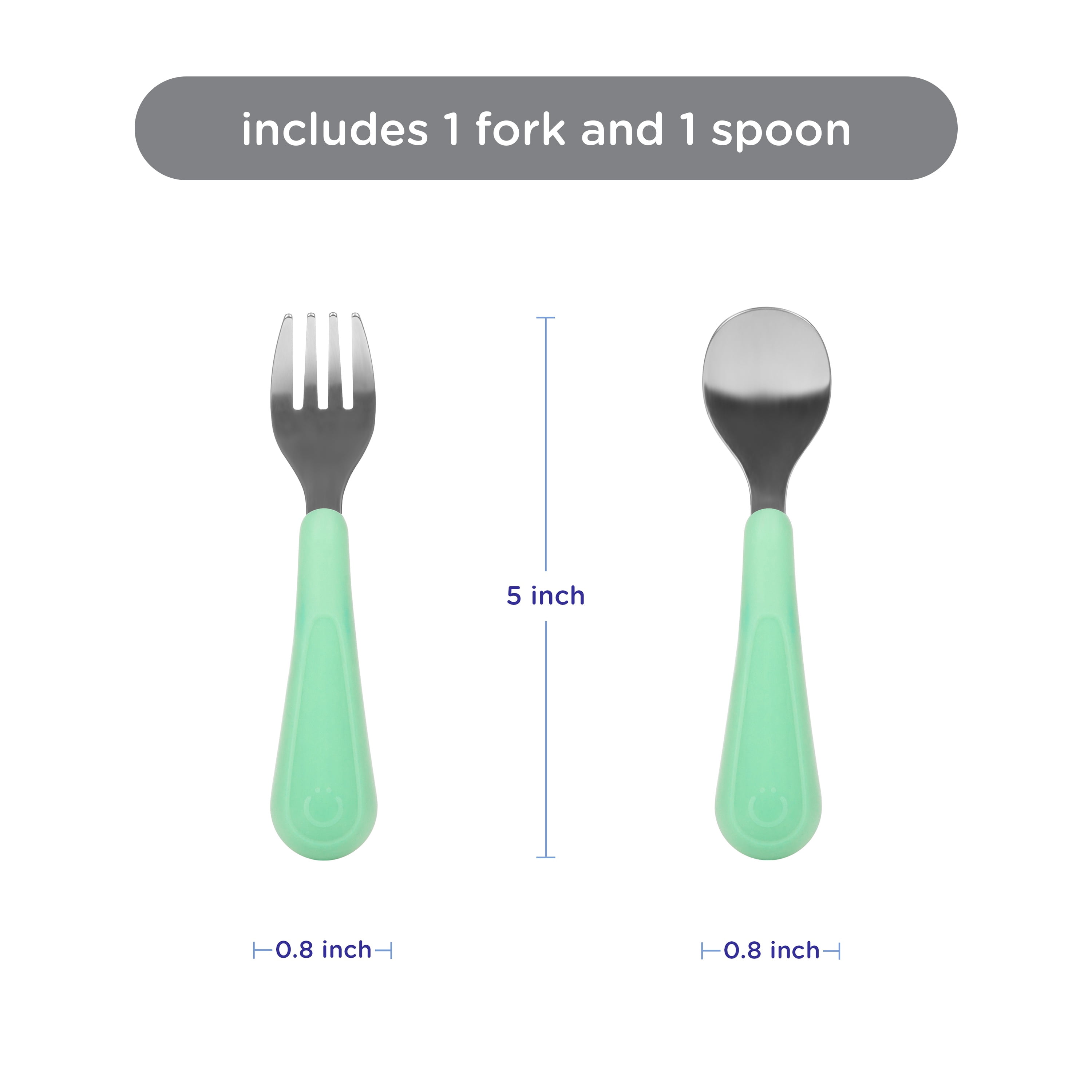 Ubbi Stainless Steel Toddler Utensil Set, Includes 1 Fork & 1 Spoon, Sugar Snap Green, Food Grade Silicone