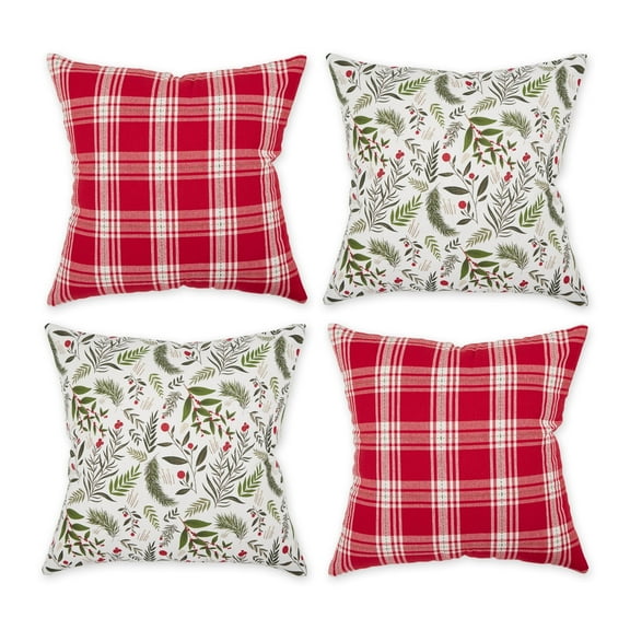 Assorted Holiday Sprig Print And Plaid Pillow Cover 18X18 (Set Of 4)