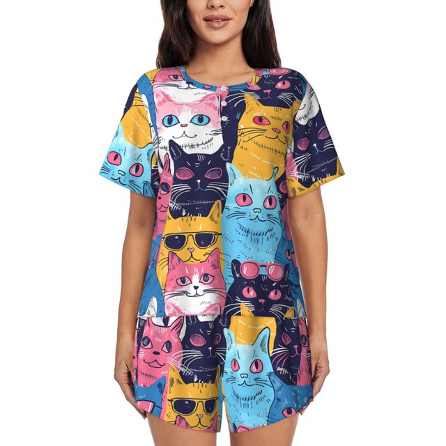 Fotbe Colorful Cats Pattern Art Conjunto de Pijama Estampado para Mujer, 2 Piezas, Ropa de Dormir con Camiseta de Manga Corta y Shorts Suaves-4X-Large