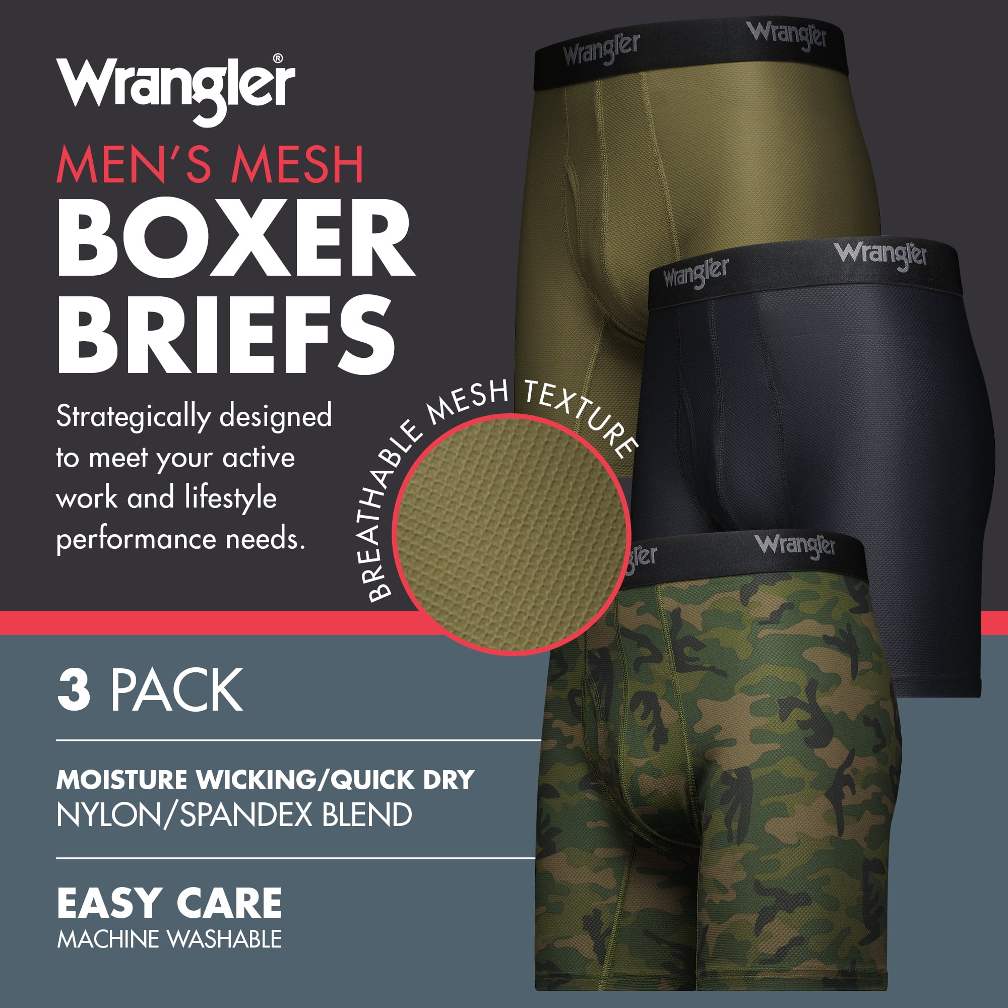 Wrangler Men's Breathable Mesh Boxer Briefs, 3 Pack