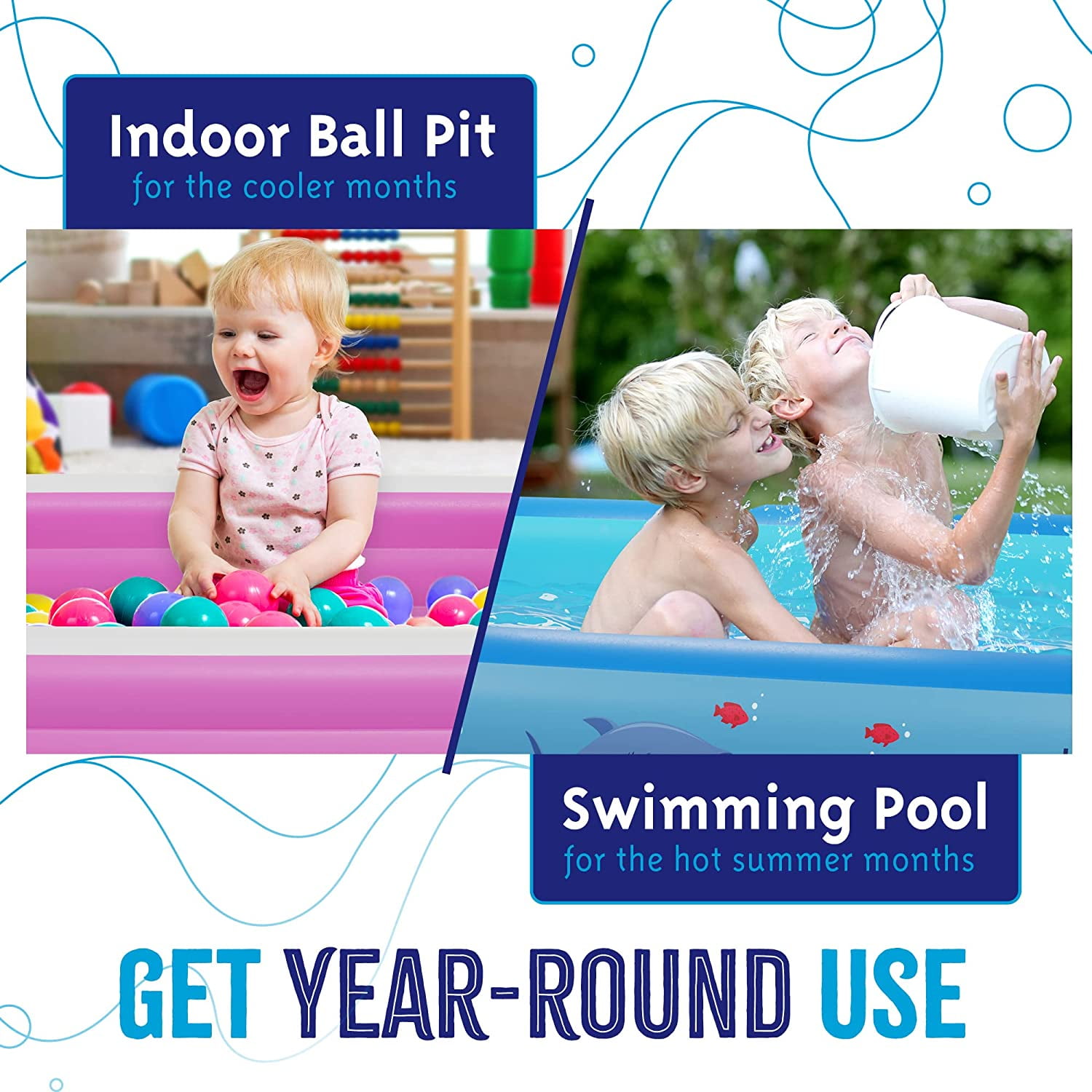 Inflatable Swimming Pool with Built-in Air Pump (Pink, Medium - 82.6" x 59" x 23.6") - for Kids & Adults - Self Inflating Blow Up - Family & Kiddie Pool