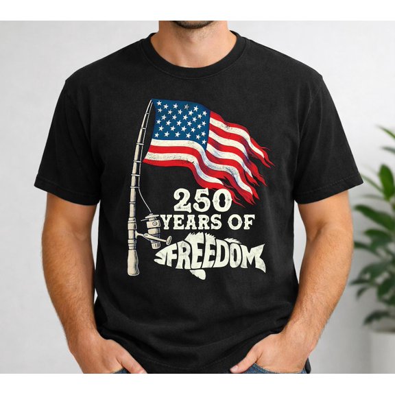 America 250 Fishing Shirt, 250 Years of Freedom Tee, Patriotic American Flag Fisherman T-Shirt, USA Angler Gift