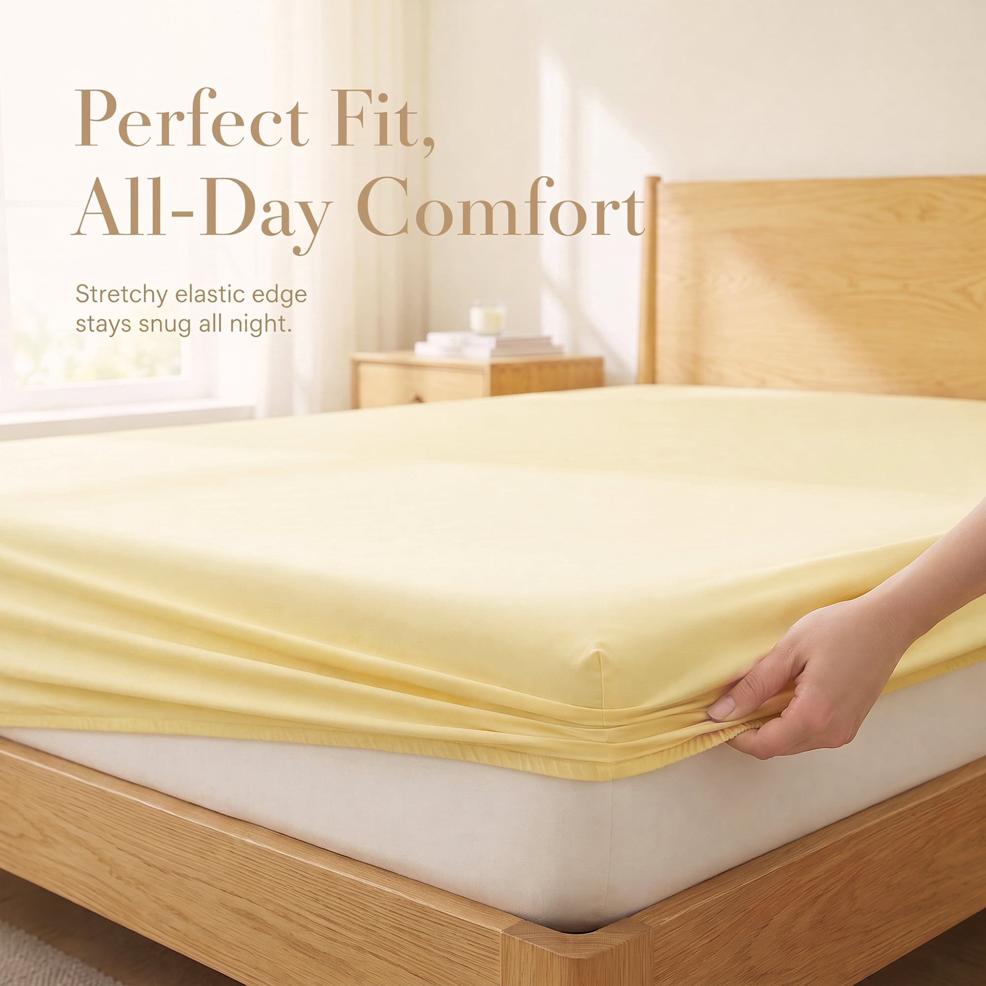 Unique Bargains Fitted Sheet Cotton Bed Sheets Cooling for Sleep 71"x78.7" Creamy Yellow