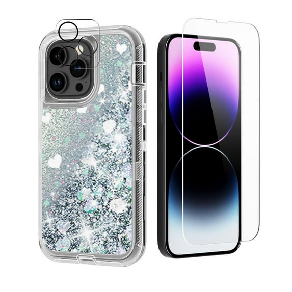 NIFFPD iPhone 14 Pro with Screen Protector + Camera Lens Protector, Bling Glitter Quicksand Sparkle Clear & Shockproof Protective Cover iPhone 14 Pro 6.1" Silver