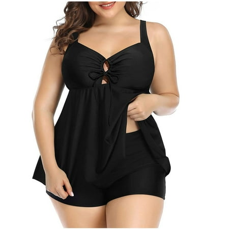 FAIWAD 2 Piece Plus Size Swimsuits for Women Hollow Out Lace up Bathing Suit with Boyshorts Loose Stretch Swimwear