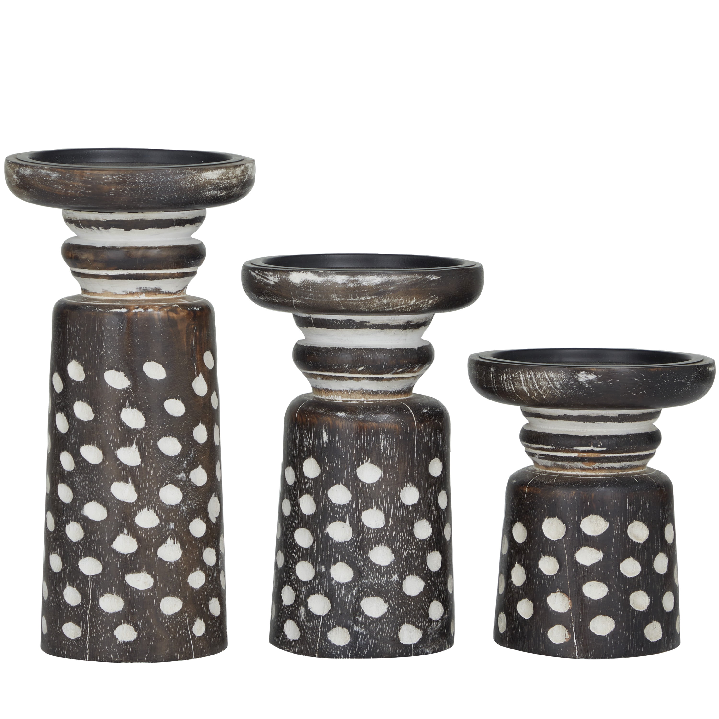 DecMode 3 Candle Dark Brown Mango Wood Round Carved Dotted Pillar Candle Holder, Set of 3
