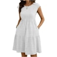 thumbnail image 4 of qolati Women Summer Dresses Crew Neck Cap Sleeve Midi Dresses Casual Ruffle Tiered Smocked Elastic Waist Flowy Sundress Beach Vacation Clothes with Pockets White XXL, 4 of 8
