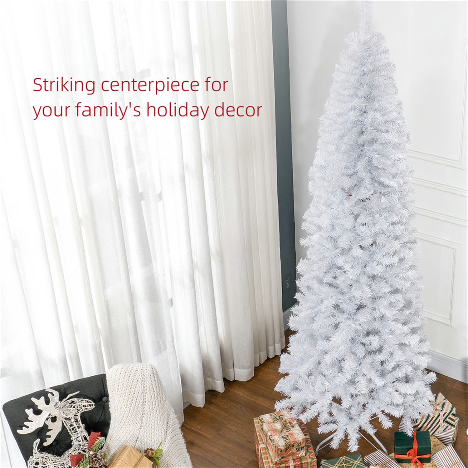 Hommoo Decorations,7ft Pencil Christmas Tree, Unlit Artificial Christmas Tree Slim Douglas Fir Xmas Tree with Realistic Branches, Halloween Tree with 818 Tips, White