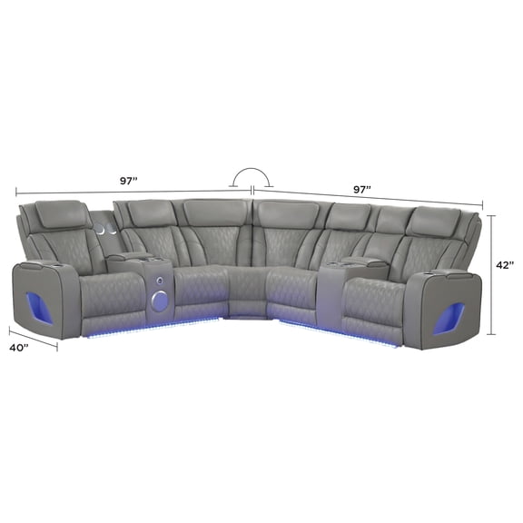 JERFIT Modern Power Recliner Sectional Sofa with Massage, Bluetooth Speaker, LED Lights, Wireless Charging, Gray Faux Leather