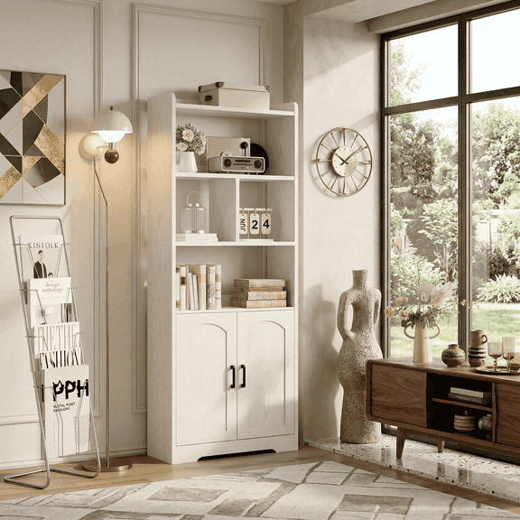 63" Tall Freestanding Bookcase, Wood Storage Cabinet with Open Shelves & Closed Doors for Living Room Home Office, White