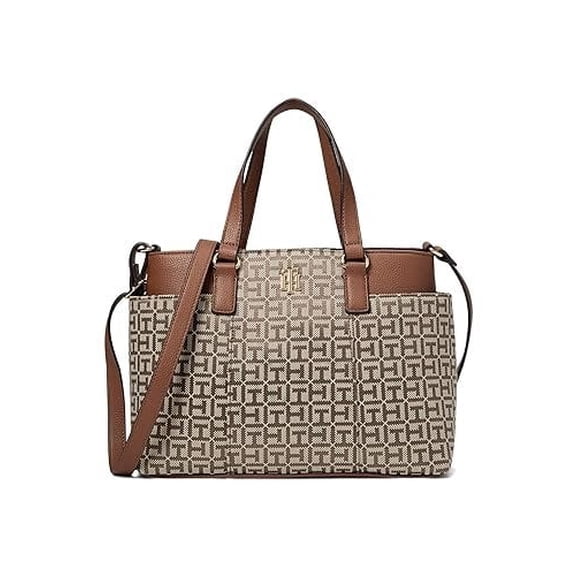 Tommy Hilfiger Evelyn II Convertible Satchel-Square Monogram Jacquard Tan/Dark Chocolate One Size