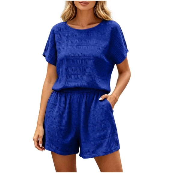 Costeam Womens Round Neck Short Sleeve 2 Piece Crinkled Textured Matching Outfit Set Elastic Waist Pull On Shorts with Side Pockets Solid Color Loose Fit Casual Loungewear Suit