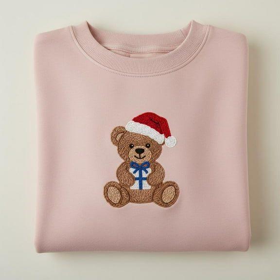 Christmas Teddy Bear Embroidered Sweatshirt, Cute Santa Hat Crewneck, Holiday Gift Bear Shirt, Festive Winter Apparel