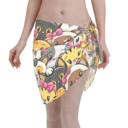 Adobk Women Beach Sarong Bathing Suit Cute Cat Cartoon Print Wrap Skirt Sheer Bikini Swimsuit Cover Ups For Swimwear