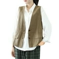 thumbnail image 2 of Womens Tops Sleeveless Pocket Cotton Linen Buttons Loose Jacket Khaki M, 2 of 4