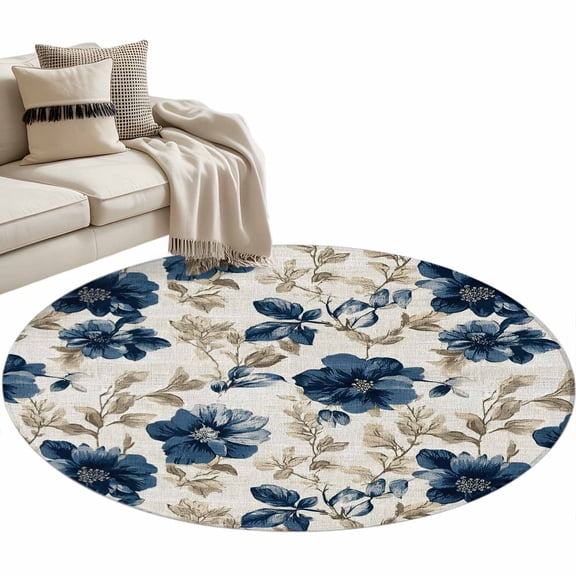 Navy Blue Beige Floral Round Rug 3ft Washable Circle Entryway Rugs Non Slip Vintage Farmhouse Floral Leaves Area Rug Indoor Carpet for Bedroom Kitchen Living Room Home Office Dining Room Nursery