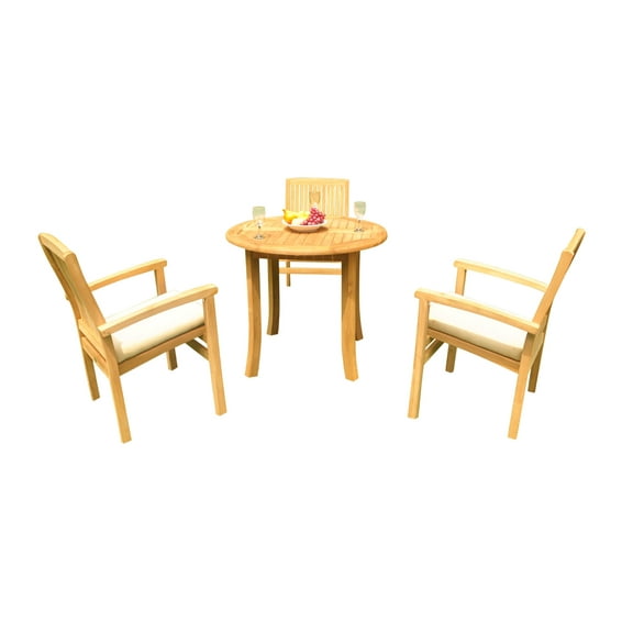 Grade-A Teak Dining Set: 3 Seater 4 Pc: 36" Round Table And 3 Wave Stacking Arm Chairs Outdoor Patio WholesaleTeak #51WV0704
