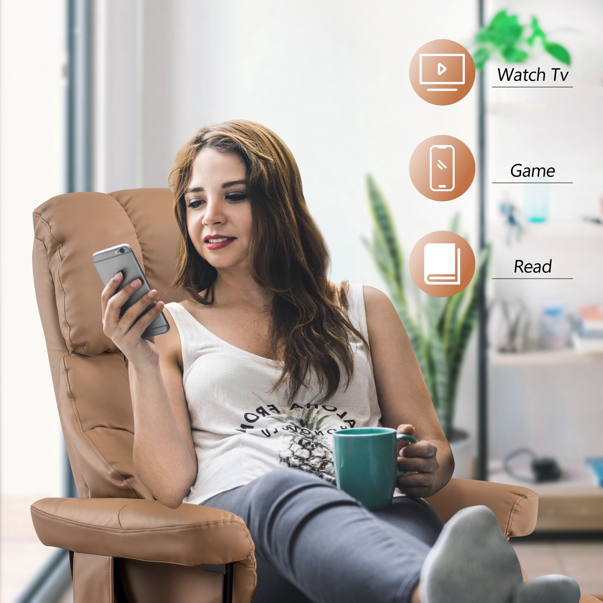 MCombo 360° Swivel Recliner with Ottoman, Lumbar Pillow, Vibration Massage Reclining Chair, Faux Leather(Cognac)