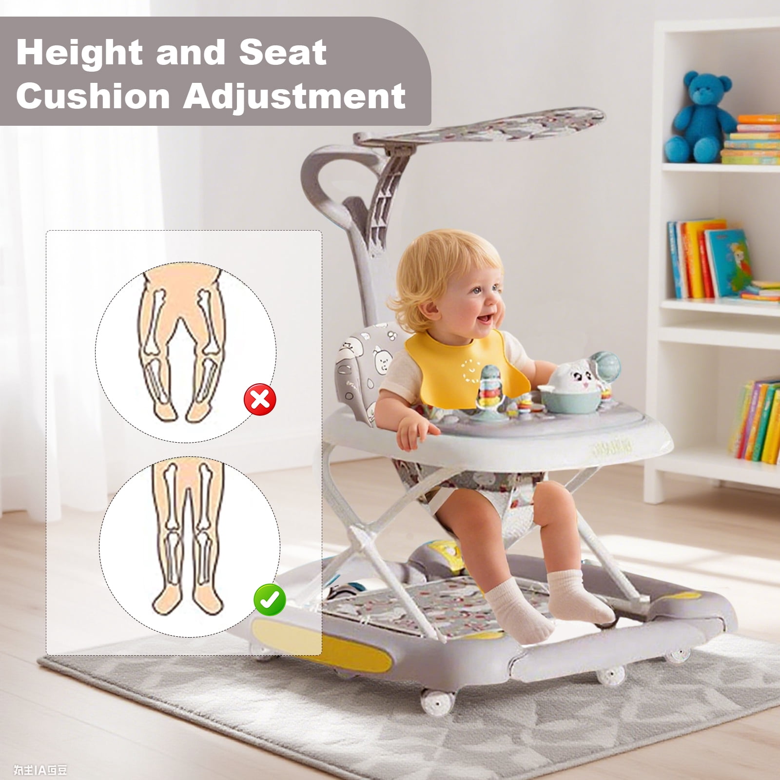 ManyFun 6-in-1 Height Adjustable Baby Walker with Wheels, Foldable Walker for Baby and Baby Activity Center with Music &Toys Tray, Infant Toddler Baby Walker for Boys and Girls 6-24 Months（grey）