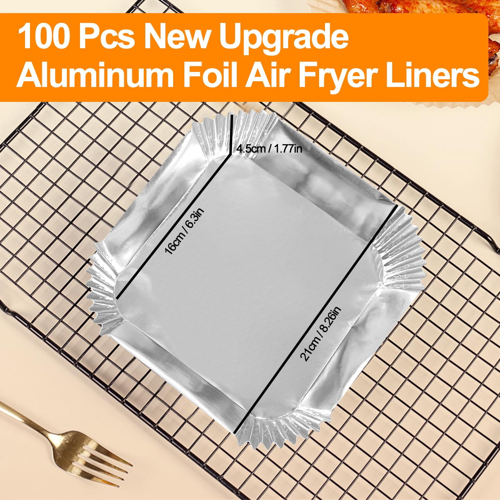 Aluminum Foil Air Fryer Liners 100Pcs, 6.3” Square Disposable Sheets for Baking Grilling Roasting, Microwave Safe Non-Stick Liner, Silver