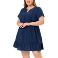 thumbnail image 1 of Women's Plus Size Dress V Neck Lace Insert Half Placket Short Sleeve Tie Waist Ruffle Hem Mini Dress Navy Blue 4X, 1 of 5